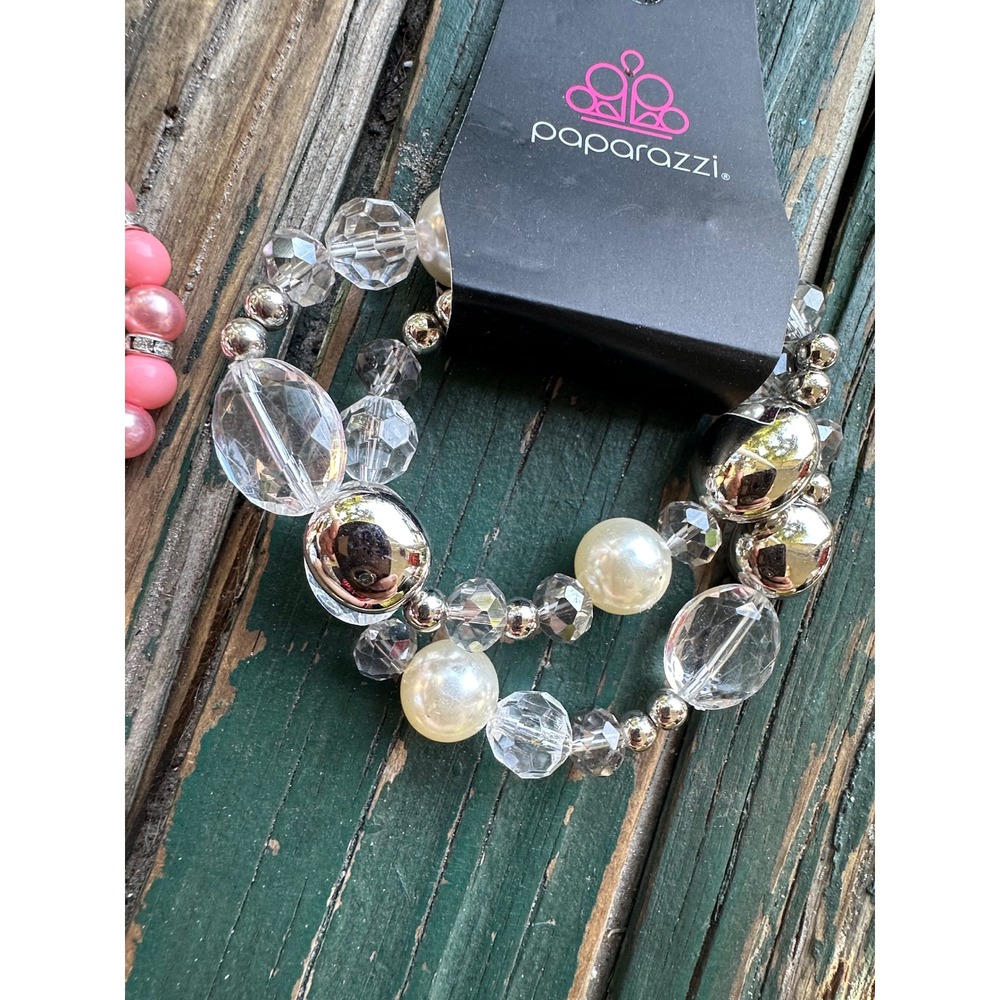 Paparazzi Pink Rhinestone and Silver Pearl Crystal Stretch Bracelet Set 2PC - Picture 3 of 7